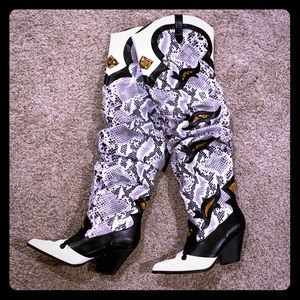 Snake skin thigh high boots